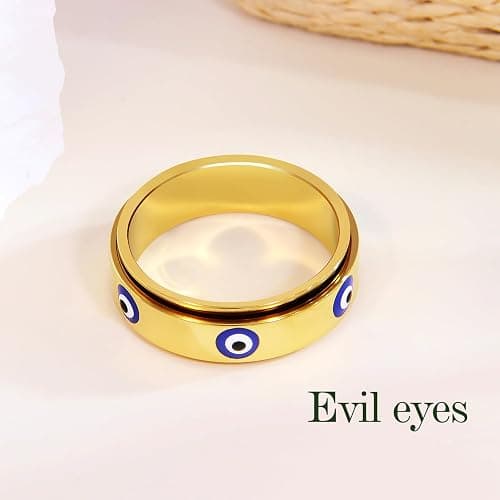 Evil Eye Fidget Ring for Women - 18K Gold Plated Stainless Steel Spinner Rings for Anxiety Relief, Ojo Turco Ring Luck Amulet, Turkish Faith Protection Stackable Jewelry Gift for Women Men thumbnail 7