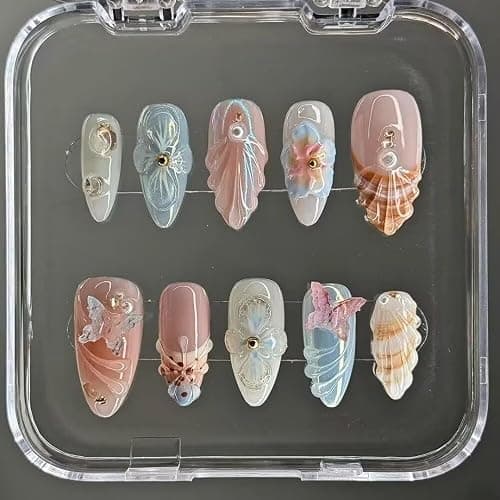 MAGLFELL 10PCS Handmade Nails Press On Nails Almond Art False Nails Women's Nails Kit 3d Press on nails,Small Size thumbnail 2