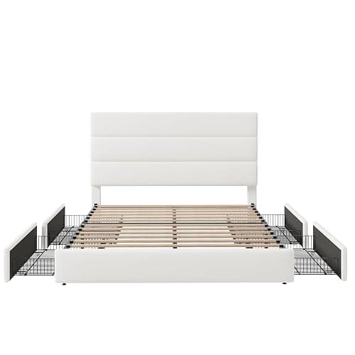Allewie Modern Full Size Platform Bed Frame with 4 Storage Drawers and Velvet Upholstered Headboard, Wooden Slats Support, Upholstered Mattress Foundation/No Box Spring Needed/Easy Assembly, White thumbnail 8