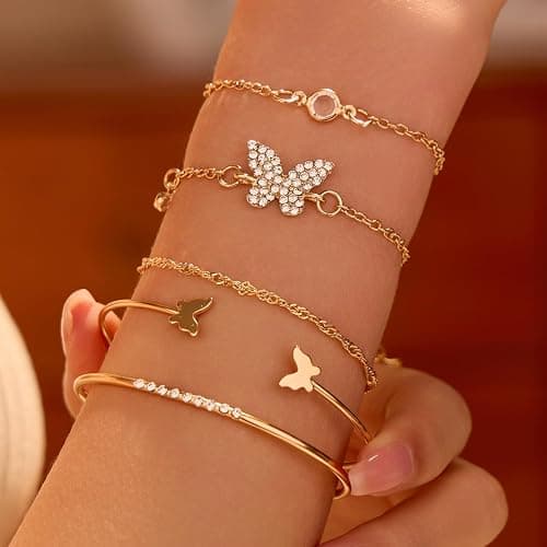5 PCS Gold Bow Bracelets Set for Women, Elegant Butterfly and Pearl Accented Layered Bracelet Set - Delicate Fashion Jewelry thumbnail 2