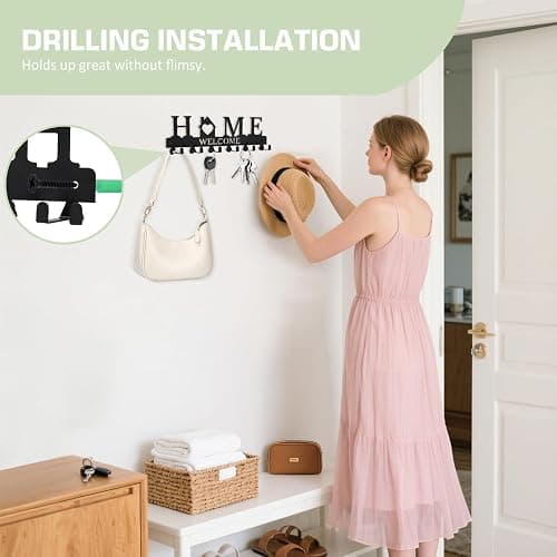 HOMEBROS Key Holder Wall Mount, Adhesive Metal Key Hanger with 6 Double Hooks, 2 Installation Methods, Black thumbnail 4