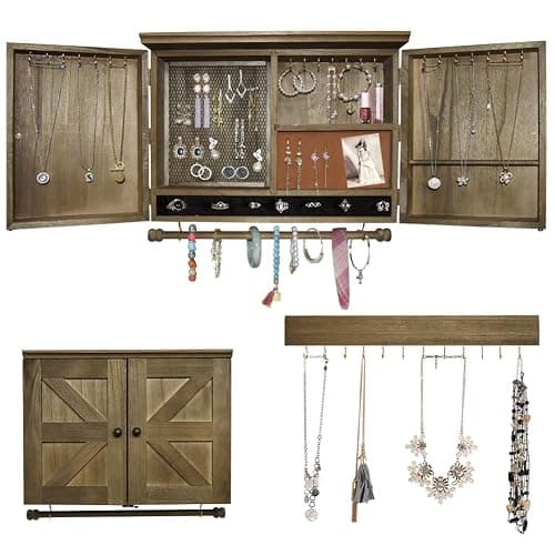 GLANT Rustic Wall Mounted Jewelry Organizer with Wooden Barndoor Decor, Wall Mount Holder,Jewelry holder for Necklaces, Earings, Bracelets,Ring Holder. Includes matching hook organizer (wood color) - Image 1