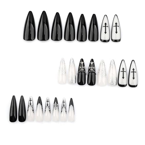 MouyouGlow Press on Nails Long,Stiletto Schwarz Silber Schmetterling Herz 3D Wasserrippel Crystal Chrome Gothic Fake Nails mit Nagelkleber,Halloween Black Silver Künstliche Fingernägel thumbnail 4