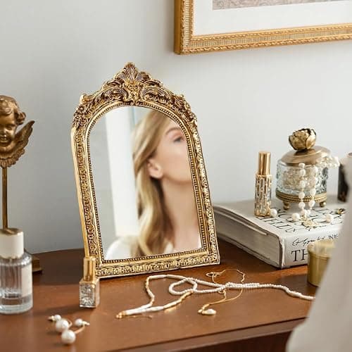 YUSONG Vintage Makeup Desk Mirror - 7" Gold Antique Mirror for Tabletop Resin Frame Decorative Wall Art for Living Room, Bedroom Decor, Vanity Table thumbnail 8