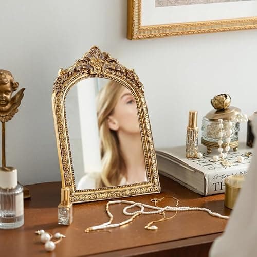YUSONG Vintage Makeup Desk Mirror, Antique Gold Arched Tabletop Mirror with Resin Frame - Decorative Wall Art for Living Room, Bedroom Decor, Retro Table 9.3" x 5.7" thumbnail 8