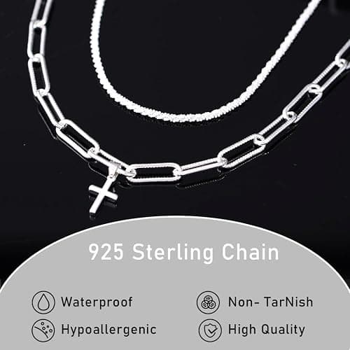 Yalice 925 Sterling Silver Sparkly Necklace Layered Dainty Chain Necklace Silver Cross Pendant Paperclip Necklaces Waterproof Minimalist Jewelry Gifts thumbnail 4