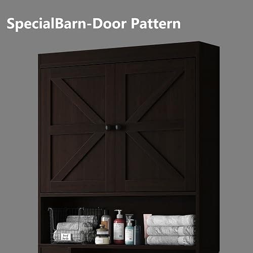 Furnideco 32.3''W Over The Toilet Storage Cabinet with Barn Doors, Over Toilet Shelf Farmhouse Storage Cabinet Space Saver with Toilet Paper Holder & Adjustable Bottom Bar, Espresso thumbnail 6