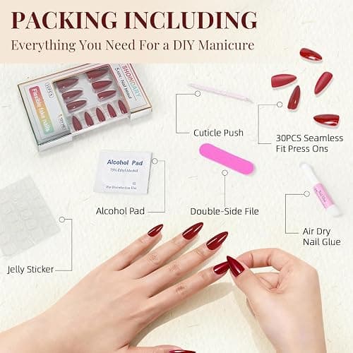 Wine Red Press On Nails Almond - Medium Dard Red Acrylic Nails Press Ons, Glue On Nails for Party Birthday Christmas Gift in 15 Sizes - 30 Fake Nails Kit, Dark Red thumbnail 5