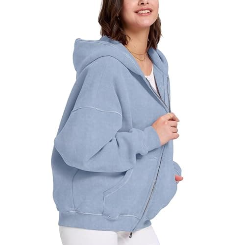 Dnzzs Womens Zip Up Hoodie Oversized Acid Wash Sweatshirts Heavyweight Fall Fashion Outfits Casual Jackets Winter Clothes thumbnail 3