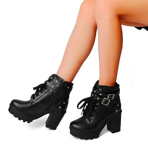 FOREADA Goth Boots Chunky Heel Boot For Women Ankle Combat Booties Black Platform Bootie Buckle Rivets Punk Goth Shoes With Zipper thumbnail 4