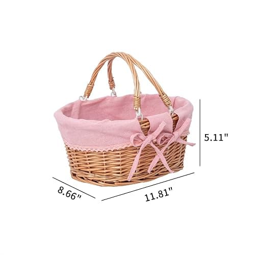 Small Wicker Basket with Removable Pink Liner, Willow Storage Basket for Gifts with Double Handles, Easter Basket,Wedding,Egg Gathering,Pink thumbnail 3
