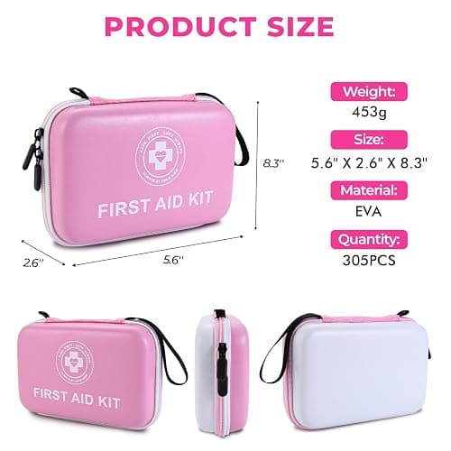 Premium First Aid Kit - 305 Piece Dual-Color Emergency Kit with Hard Shell & Fluorescent Interior Coating, Compact Survival Kit for Home, Car, Travel, Hiking & Outdoor (Pink/White) thumbnail 2