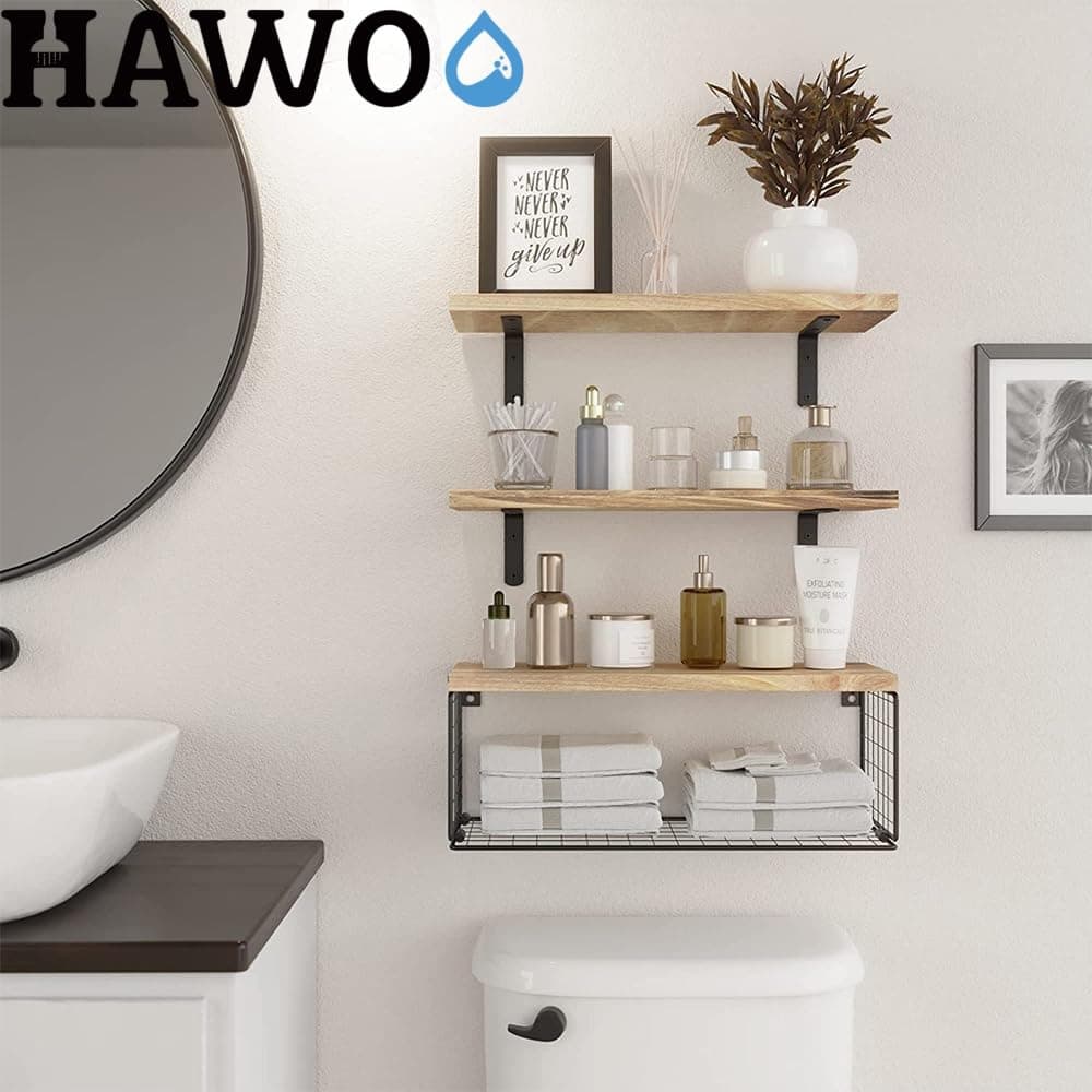 HAWOO Repisas Flotantes, 3PCS Repisas para Baño con Cesta de Alambre, Recamara, Cocina, Sala, Fáciles de Instalar, 40x15.2 CM (Madera) thumbnail 9