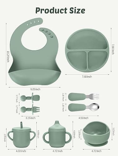 JELLDJK Silicone Baby Feeding Set, 18PCS Baby Led Weaning Supplies | Eating Essentials Utensils with Suction Plate and Bowl, Adjustable Silicone Bib, for 6+ Months (Blue+Beige) thumbnail 3