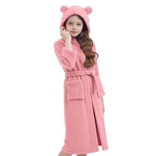 Saxrel Girls Cute Ear Hooded Bathrobe Fleece Dressing Gown – Kids' Home Bath Robe with Waistband Soft Plush Thickened Nightgown Velvet Sleepwear with Pockets 5-14 Years - Image 1