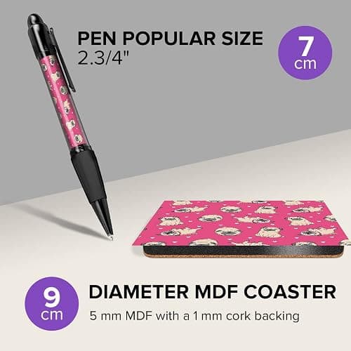DV DESIGN 1 x Eco Square Coaster & 1 Pen Set - Adorable Pink Pug Puppies Animal Pets Drink Cup Mug Glass Table Protection Mat #8493 thumbnail 2