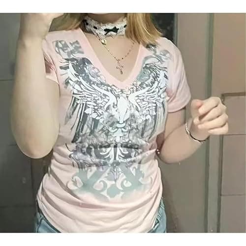 Grunge Shirts Emo Clothes Teen Girls Vintage Graphic Tee Y2k 2000s Goth Top Women Mcbling Short Sleeve Streetwear thumbnail 2