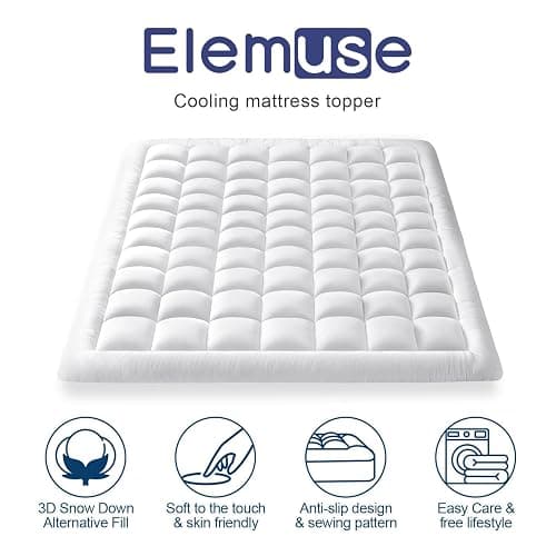 ELEMUSE Queen Mattress Pad – Plush Pillow Top Cooling Bed Topper, Ultra Soft Down Alternative Fill, Breathable Mattress Cover with Deep Pocket Fits 8-21 Inch Mattresses, (60x80 inch, White) thumbnail 2