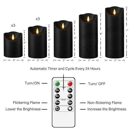 Nimiko Flameless Candles with Remote, Battery Operated Flickering Flameless Candles, LED Candles with Timer 2/4/6/8H, with Realistic LED Candles Set of 9 (D3 x H 3" 4" 5" 6" 7") (Black) thumbnail 5