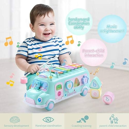 Baby School Bus Xylophone Toy for Toddlers 1-3, 5-in-1 Montessori Musical Bus Toys Gifts for 1 Year Old Baby Girl, Shape Sort Toys Knocking Xylophone Educational Instruments Birthday Gift Boy Girl thumbnail 5