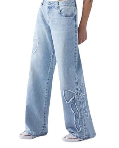 CORIRESHA Women's Straight Leg Frayed Edge Bow-Tie Embroidery High Rise Loose Denim Jeans - Medium - Blue - Image 1