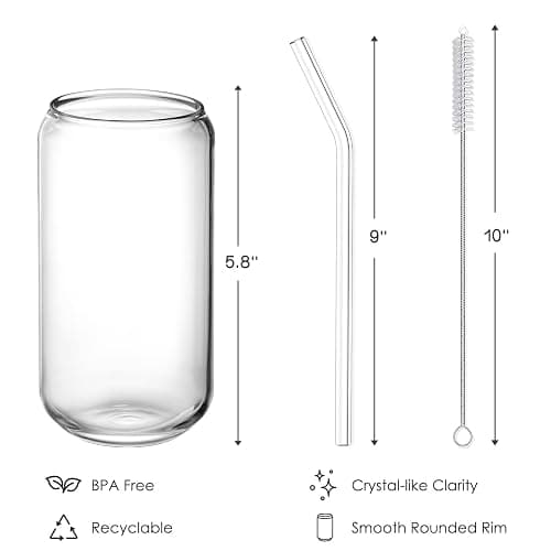 NETANY [ 8pcs Set ] Drinking Glasses with Glass Straw - 16oz Glass Cups, Beer Glasses, Iced Coffee Glasses, Cute Tumbler Cup, Ideal for Whiskey, Soda, Tea, Water, Gift - 2 Cleaning Brushes thumbnail 3