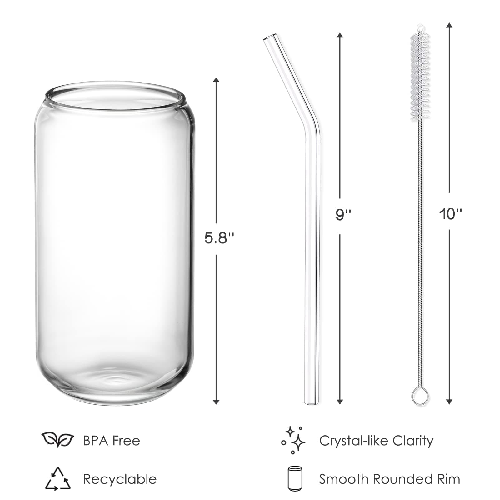 NETANY Drinking Glasses with Glass Straw 4pcs Set - 16oz Can Shaped Glass Cups for Beer, Iced Coffee, Tumbler Cup for Whiskey, Soda, Tea, Water, Gift - 2 Cleaning Brushes thumbnail 7