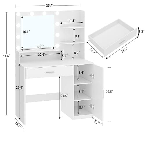 Quimoo Makeup Vanity Desk with Mirror & Lights, Vanity Desk with 5 Drawers & Storage Shelves, Vanity Table, 3 Color Modes & Adjustable Brightness Dressing Table, Bedroom, White thumbnail 2