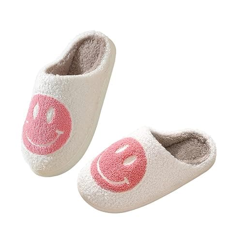 Smile Face Slippers for Women Happy face slippers Retro Soft Plush Warm Slip-on Slippers, Cozy Indoor Outdoor Slippers - 8.5-9.5 Women/7.5-8.5 Men - Pink thumbnail 2