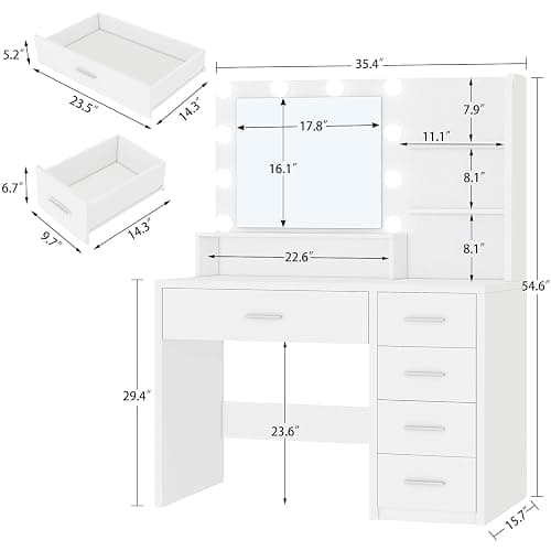 FIONESO Vanity Desk with Mirror and Lights, Makeup Vanity with 5 Drawers and 3 Storage Shelves, 3 Color Modes & Adjustable Brightness Dressing Table, Vanity for Girls, White thumbnail 2