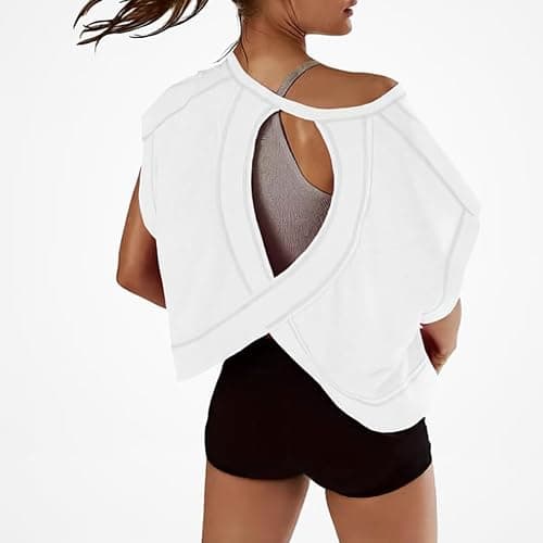 Kumufenc Women Short Sleeve Workout Shirts Open Back Tops Casual Yoga Y2k Athletic Gym Slouchy Crop Running Tees thumbnail 8