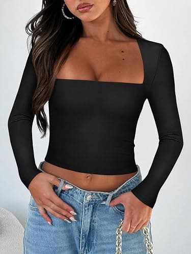 INFITTY Crop Tops for Women Basic Long Sleeve Y2k Tops Scoop Neck Slim Fitted T-Shirts thumbnail 5