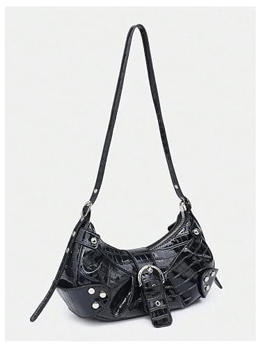 Verdusa Women's Pleated Hobo Shoulder Bags Metallic PU Leather Clutch Handbag - One Size - Glow Black thumbnail 2