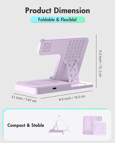 Wireless Charger Stand Charging Station: 3 in 1 Charger Multiple Devices for Apple iPhone 17 16e 16 15 14 Pro Max 13 12 11 for Watch 11 10 9 8 7 6 5 4 3 2 SE and Ultra & Airpods Series, Light Violet thumbnail 4