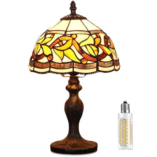 MIAOKE lámpara tiffany, Lámpara de mesa de vitrales con base delgada de hoja de metal antiguo para espacios pequeños de sala de estar, dormitorio, luz de escritorio de banquero (Hojas Flor) - Hojas Flor