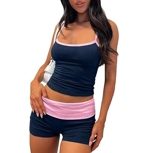 RUEWEY Womens 2 Pieces Paiamas Set Color Block Sleeveless Crop Cami Top and Fold Over Shorts Pjs Loungewear - Image 1