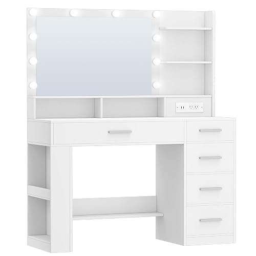 HEXCELEN Vanity Desk, with LED Light, Makeup Vanity with Mirror, Dressing Table with Power Strip, 6 Shelves, 5 Drawers and Open Side Storage, Simple, White thumbnail 9