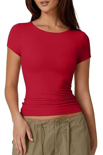 QINSEN Women's Crew Neck Short Sleeve Tees Double Lined Slim Fit T Shirt Basic Y2K Tops - Image 1