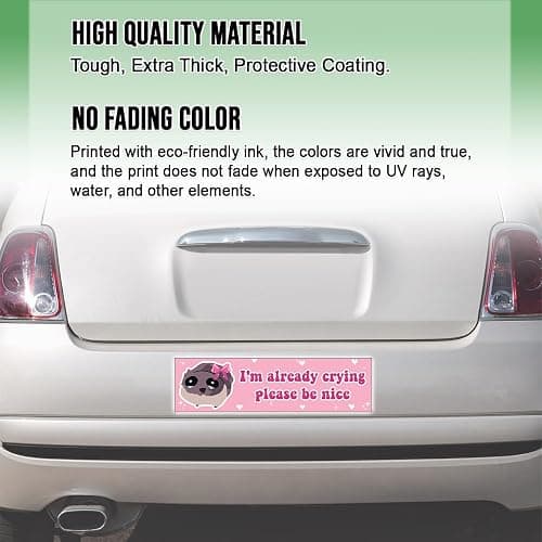 Funny Sad Hamster Meme Bumper Sticker I'm Already Crying Please Be Nice Pink 11x3in Sticker, Funny Bumper Sticker for Car Truck, Waterproof UV-Resistant Sticker thumbnail 3