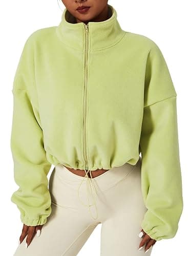QINSEN Women's Full Zip Fleece Short Jacket Warm Winter Long Sleeve Stand Collar Sherpa Crop Coat - Image 1
