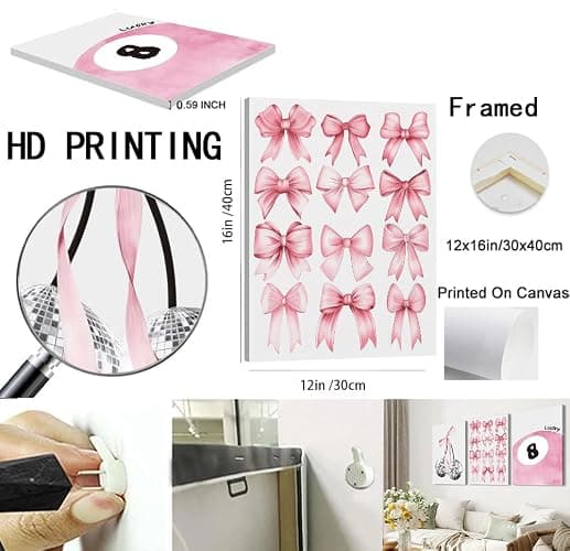 Trendy Pink Bows Wall Art Set of 3 Coquette Preppy Cherry Wall Decor Light Pink Cute Girly Lucky 8 Ball Canvas Poster Prints Aesthetic for College Dorm Living Room Bedroom Framed 12x16 Inch thumbnail 3