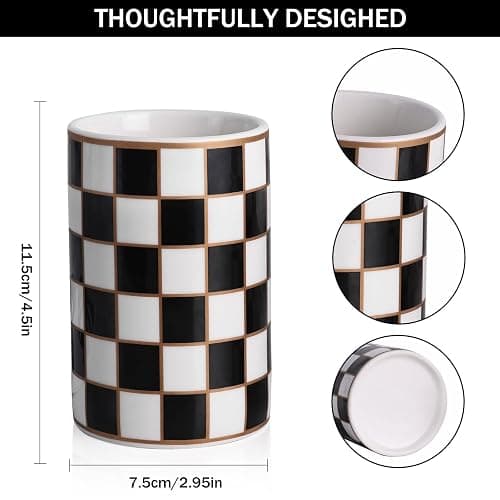 Checkered Bathroom Toothbrush Holder, Bathroom Black and White Ceramic Toothbrush Holder, Modern Toothbrush Box, Used for Bathroom countertop Storage Rack, Checkered Bathroom Decoration (Black) thumbnail 3
