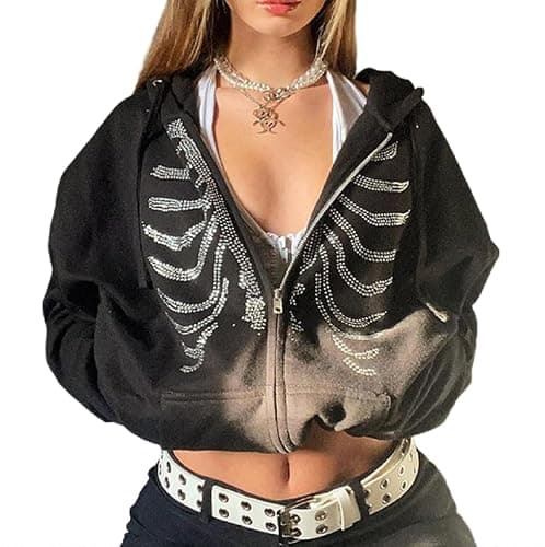 ANKOMINA Women's Rhinestone Skeleton Hoodies Zip Up Sweatshirts Y2K Long Sleeve Skull Jacket Pullover Tops - Medium - Black thumbnail 4