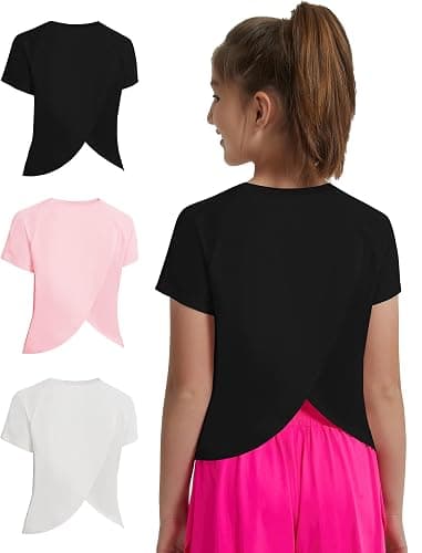 EXARUS Girls Athletic Shirts Workout Short Sleeve Crop Tops/Split Back Quick Dry Teen T Shirt Activewaer Tees Kids 6-14Y - Image 1