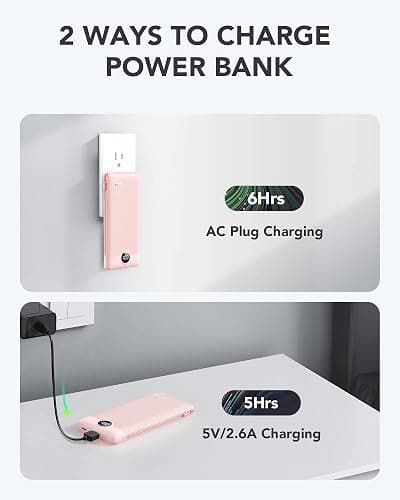 VRURC Portable Charger Built-in Cables and AC Wall Plug,USB C Power Bank 10000mAh, Travel Essentials Phone Charger Compact Lightweight External Battery Pack for Smart Phones, Tablets etc-Pink thumbnail 4