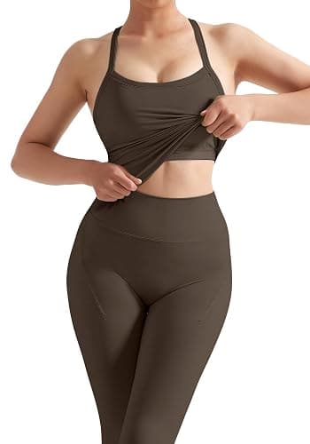 SUUKSESS Women 2 Piece Workout Sets Compression Tummy Control Leggings with Pockets Halter Built in Bra Tank Tops thumbnail 4