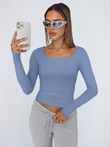 Trendy Queen Womens Long Sleeve Shirts Crop Tops Fall Fashion 2025 Square Neck Going Out Basics Tees Y2k Clothes thumbnail 2