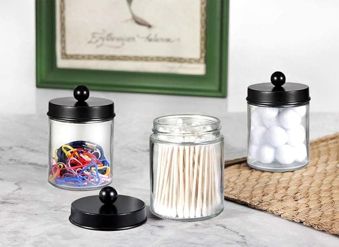 Amolliar 4 Pack Apothecary Jars Bathroom Vanity Storage Organizer Set -Countertop Canister with Stainless Steel Lids &Cute Stickers - Qtip Dispenser Holder for Qtips,Cotton Swabs,Makeup Sponges(Black) thumbnail 7