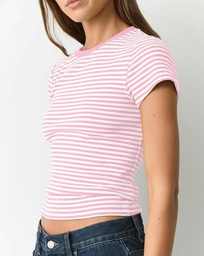 KIGRAD Women Preppy Cute Colorblock Striped Short Sleeve Cropped Tshirts Fitted Crewneck Crop Tee Tops Y2k Teen Clothes thumbnail 2