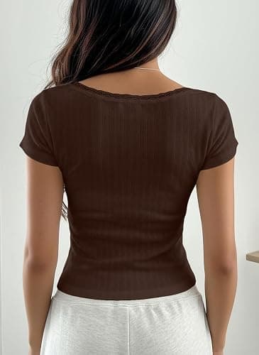 AKLOPVII Women Y2K Short Sleeve Button Up Lace Patchwork Crop Tshirt Tops Slim Fit Scoop Neck Henley Summer Girl Tee thumbnail 3